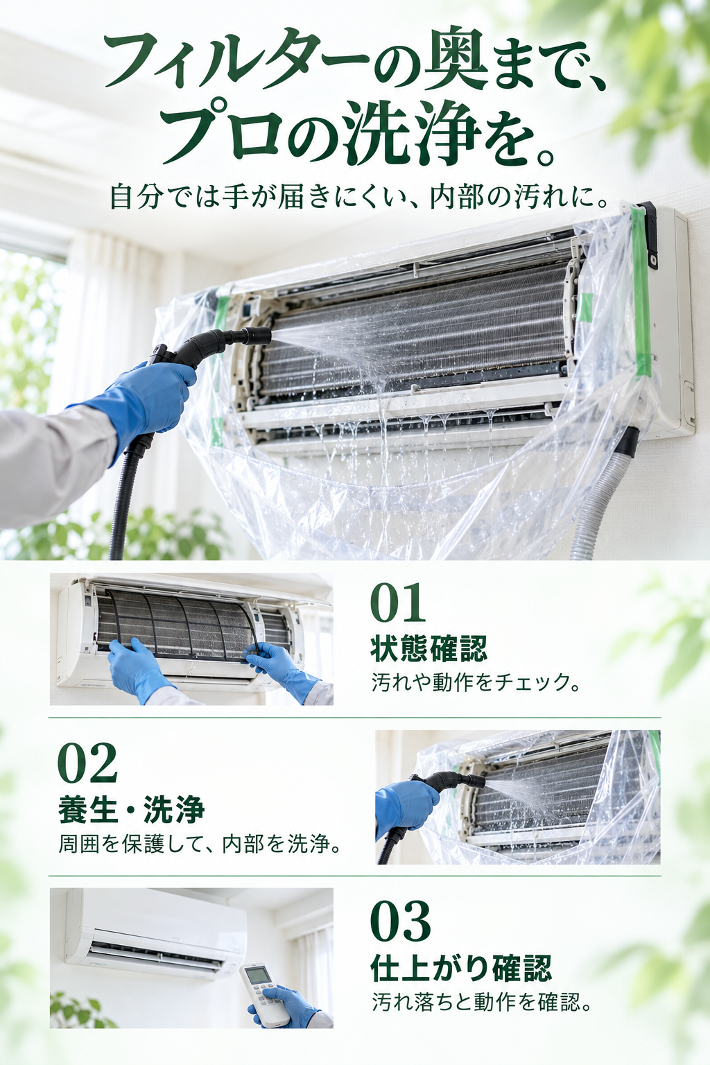 自分では手が届きにくい、内部の汚れに。養生したエアコン内部の洗浄。01 状態確認：汚れや動作をチェック。02 養生・洗浄：周囲を保護して、内部を洗浄。03 仕上がり確認：汚れ落ちと動作を確認。
