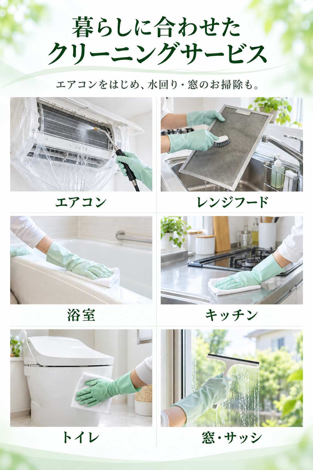 エアコンをはじめ、水回り・窓のお掃除も。6種類のクリーニングサービス：エアコン、レンジフード、浴室、キッチン、トイレ、窓・サッシ。